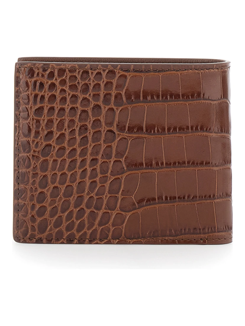 Brown Bi-Fold Wallet with Embossed Crocodile Effect in Leather Man