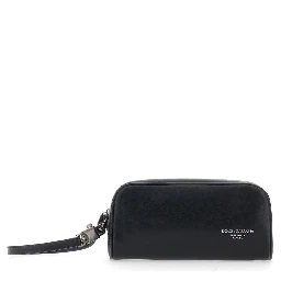 Black Clutch with Wrist Strap and Logo Lettering on the Front in Leather Man