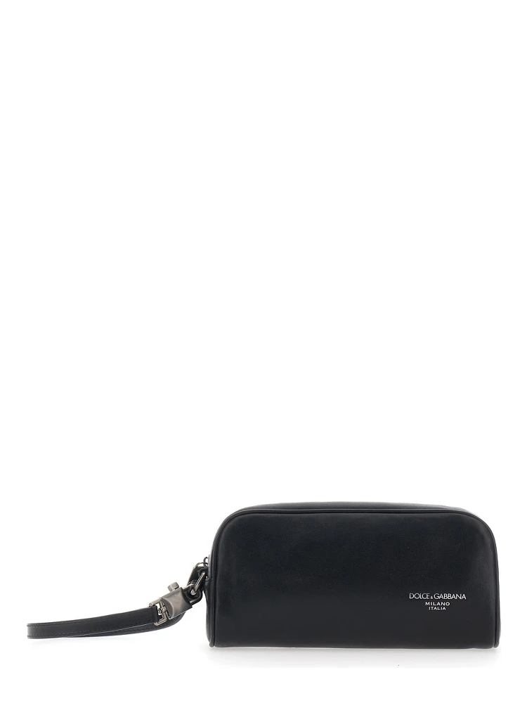 Black Clutch with Wrist Strap and Logo Lettering on the Front in Leather Man