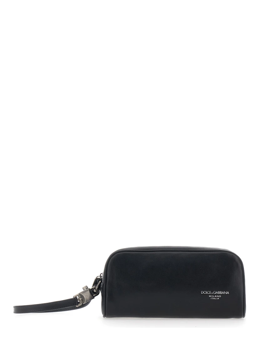 Black Clutch with Wrist Strap and Logo Lettering on the Front in Leather Man
