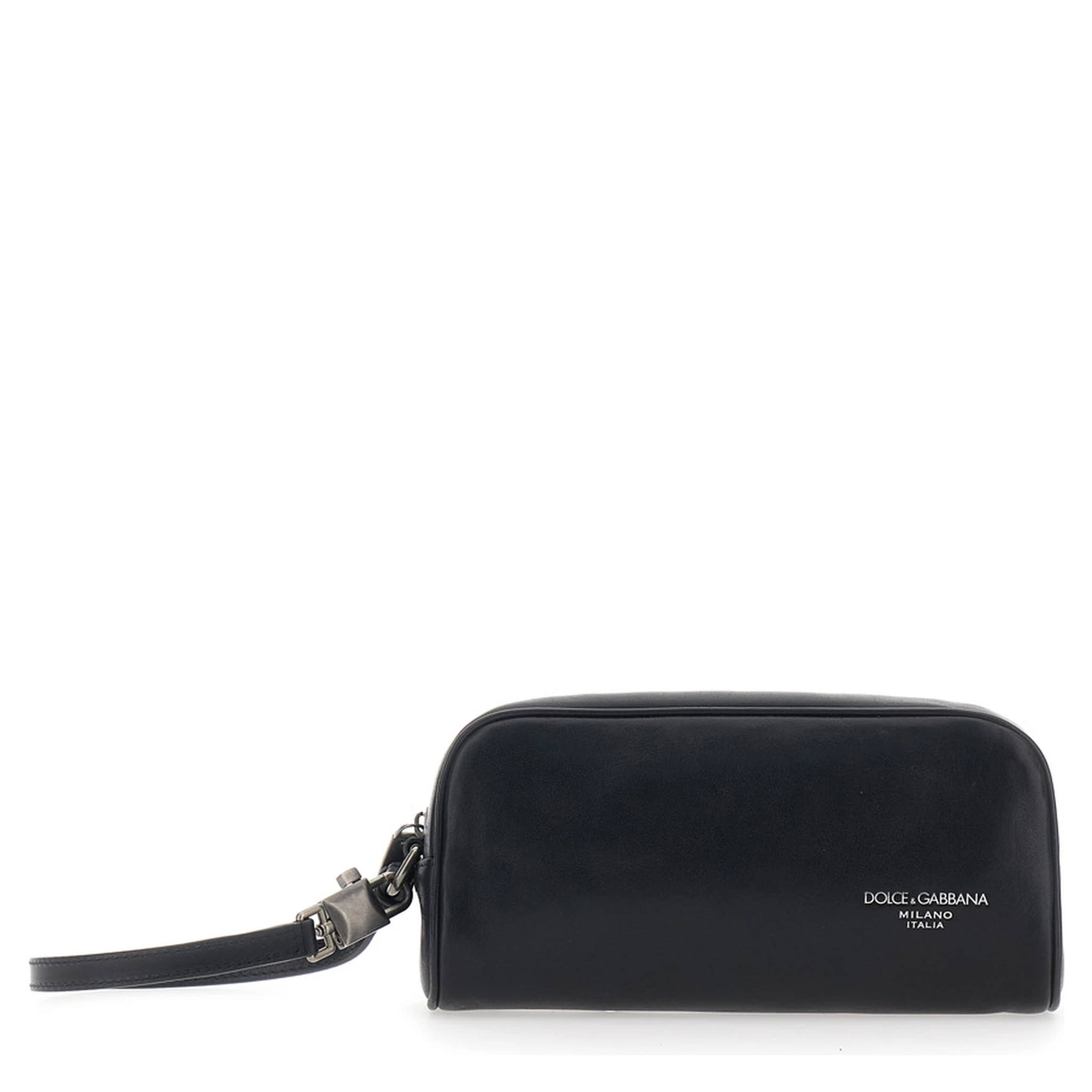 Black Clutch with Wrist Strap and Logo Lettering on the Front in Leather Man