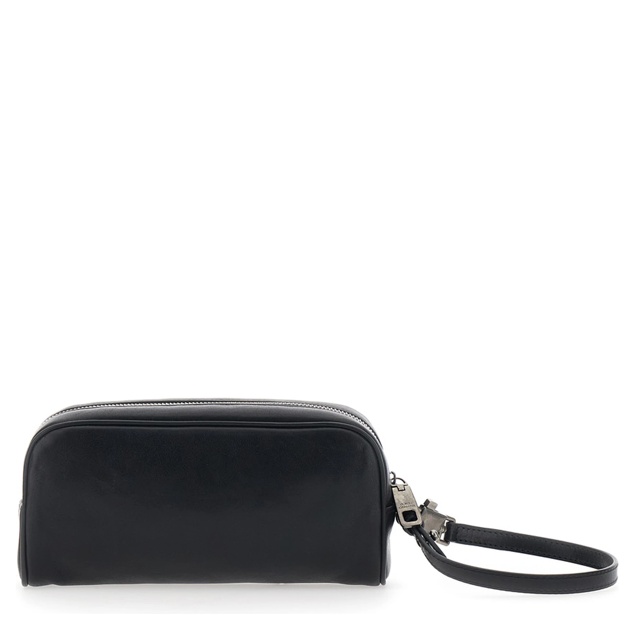 Black Clutch with Wrist Strap and Logo Lettering on the Front in Leather Man