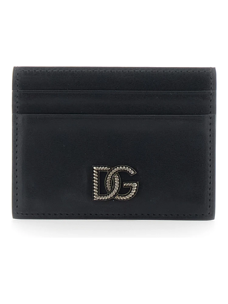 Black Card Holder with Logo Plaque on the Front in Leather Man