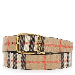 Beige Reversible Belt with Buckle Closure and All-Over Check Motif in Leather Man