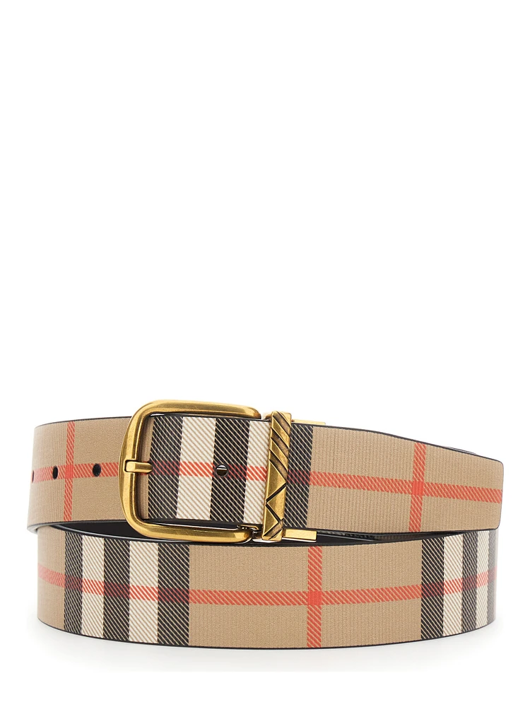 Beige Reversible Belt with Buckle Closure and All-Over Check Motif in Leather Man