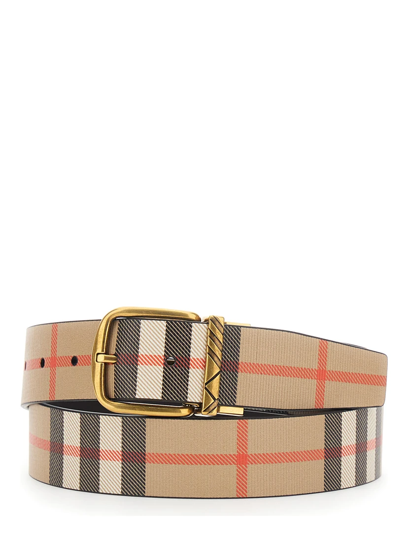 Beige Reversible Belt with Buckle Closure and All-Over Check Motif in Leather Man