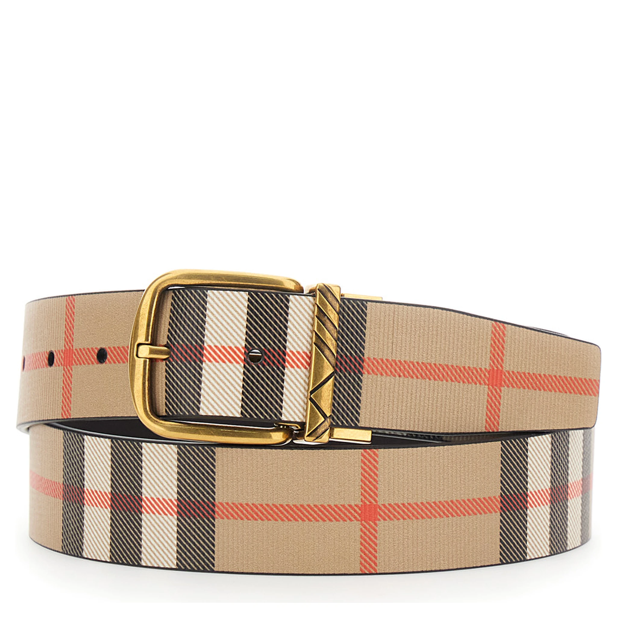 Beige Reversible Belt with Buckle Closure and All-Over Check Motif in Leather Man