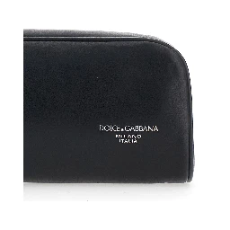 Black Clutch with Wrist Strap and Logo Lettering on the Front in Leather Man