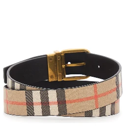 Beige Reversible Belt with Buckle Closure and All-Over Check Motif in Leather Man