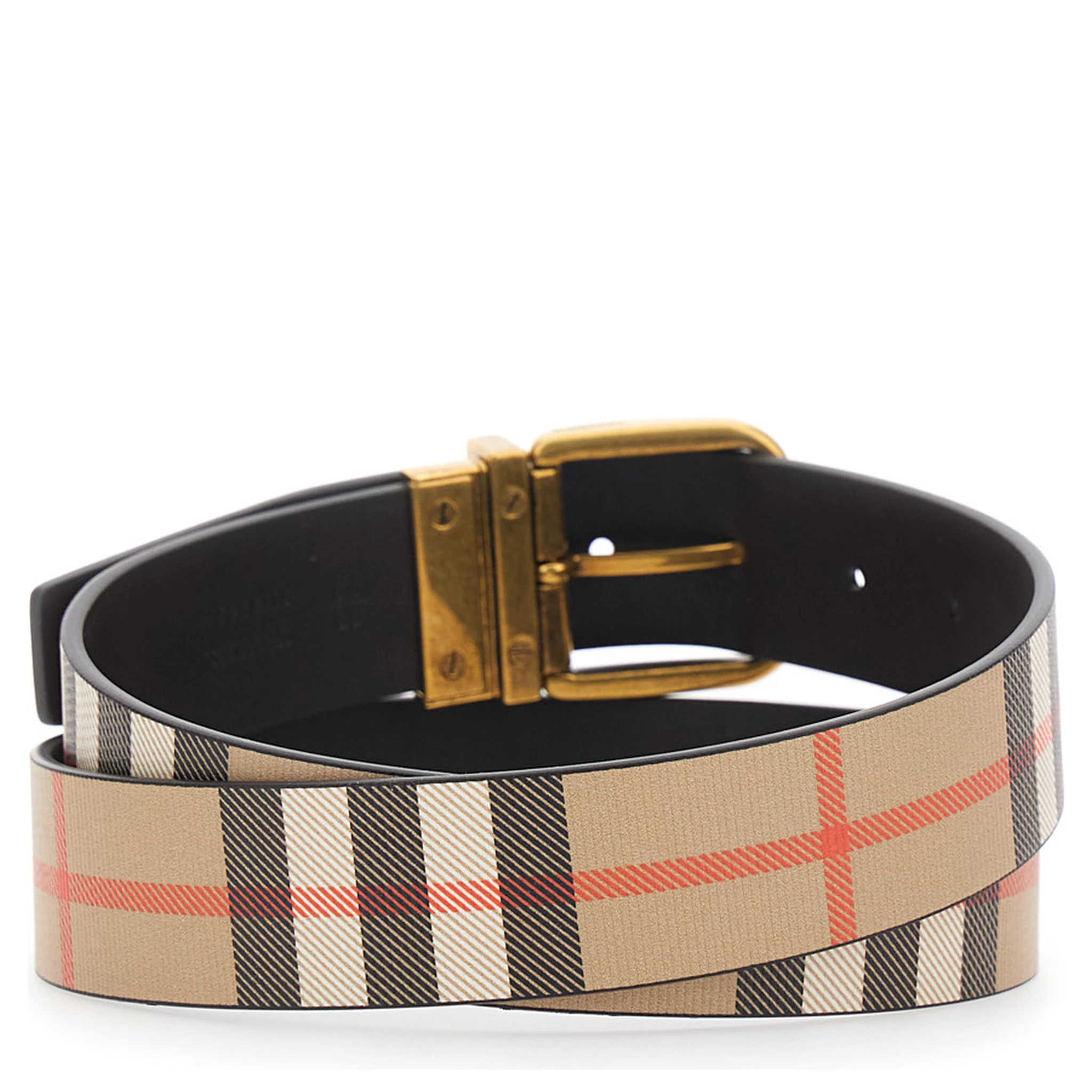 Beige Reversible Belt with Buckle Closure and All-Over Check Motif in Leather Man