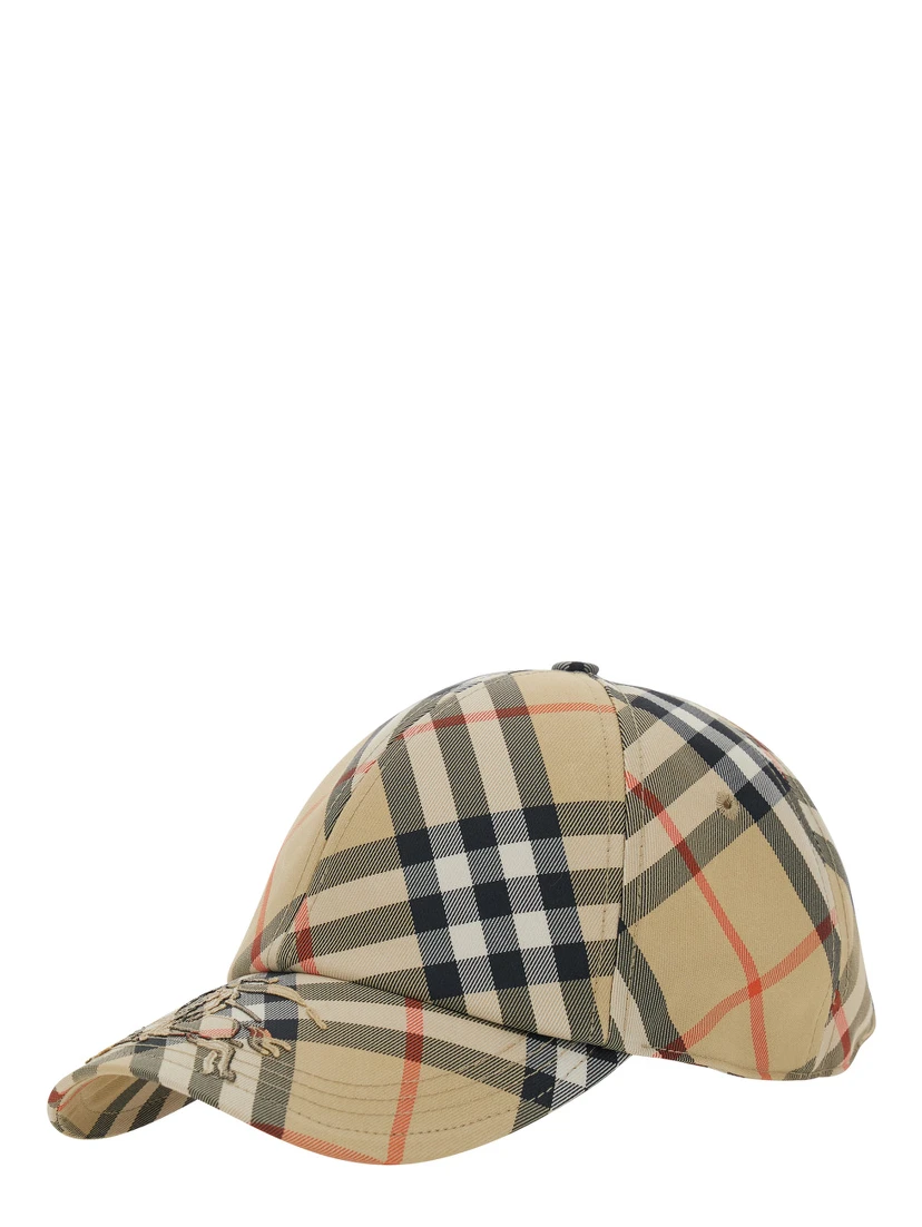 Beige Baseball Cap with All-Over Check Motif and EKD Embroidery on the Front in Fabric Man