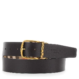 Beige Reversible Belt with Buckle Closure and All-Over Check Motif in Leather Man