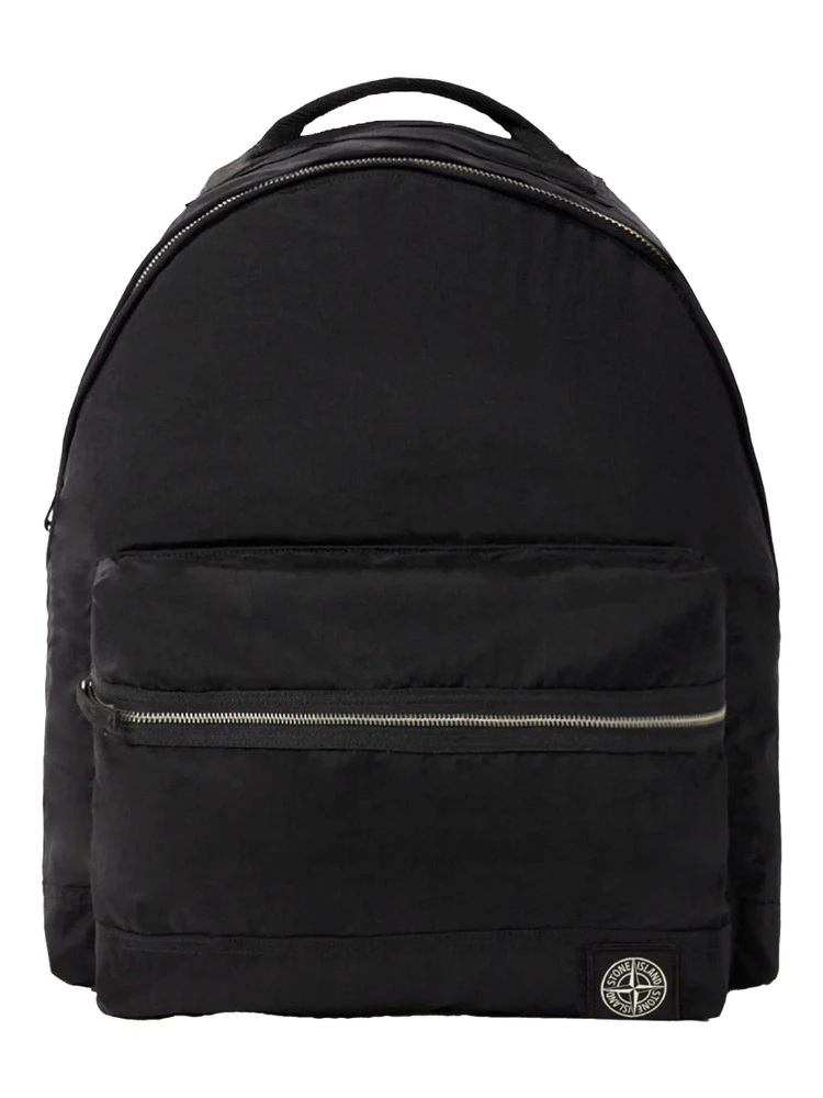 Black Backpack with Adjustable Shoulder Straps and Logo Patch on the Front in Tech Fabric Man
