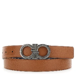 Beige Reversible Belt with Gancini Buckle in Hammered Leather Man