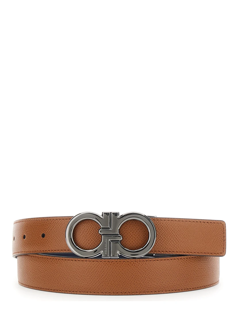 Beige Reversible Belt with Gancini Buckle in Hammered Leather Man