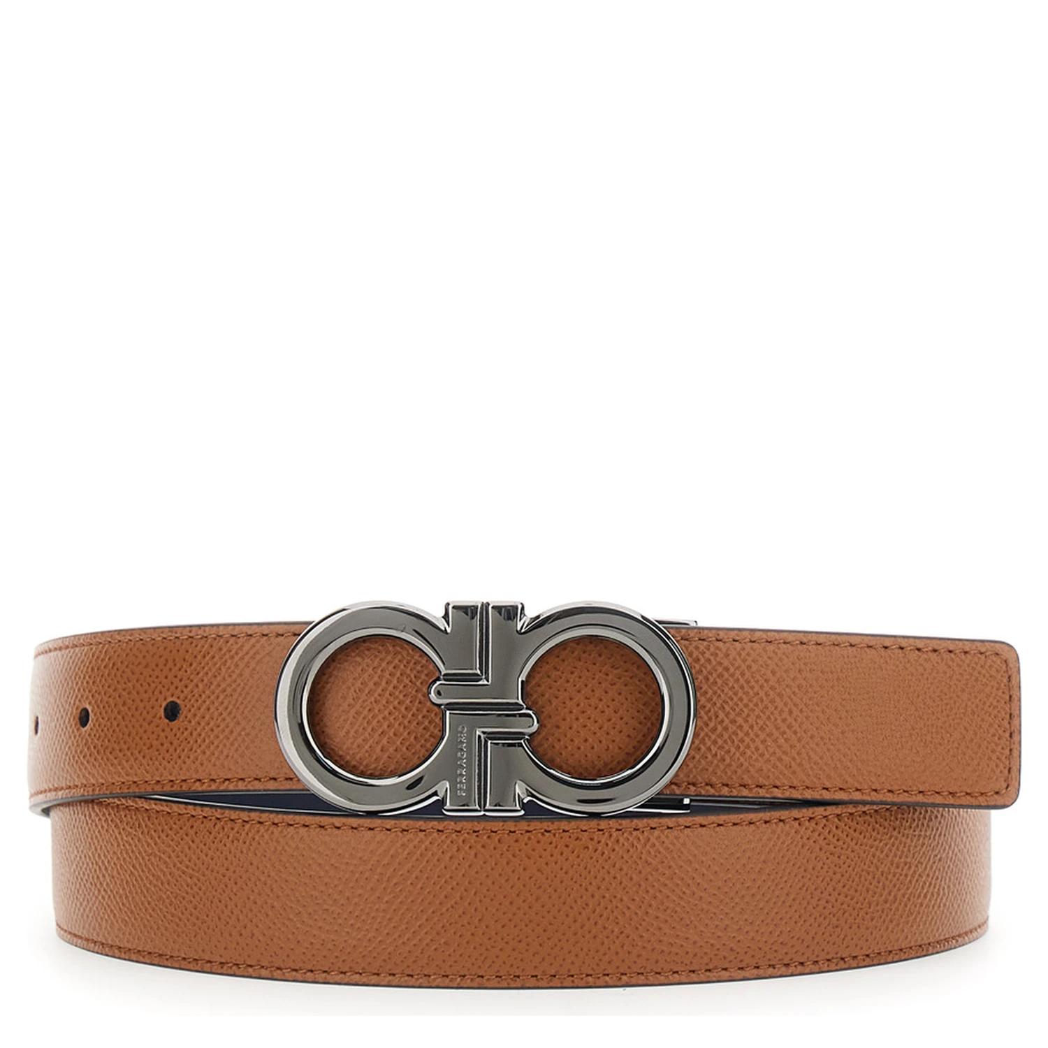 Beige Reversible Belt with Gancini Buckle in Hammered Leather Man