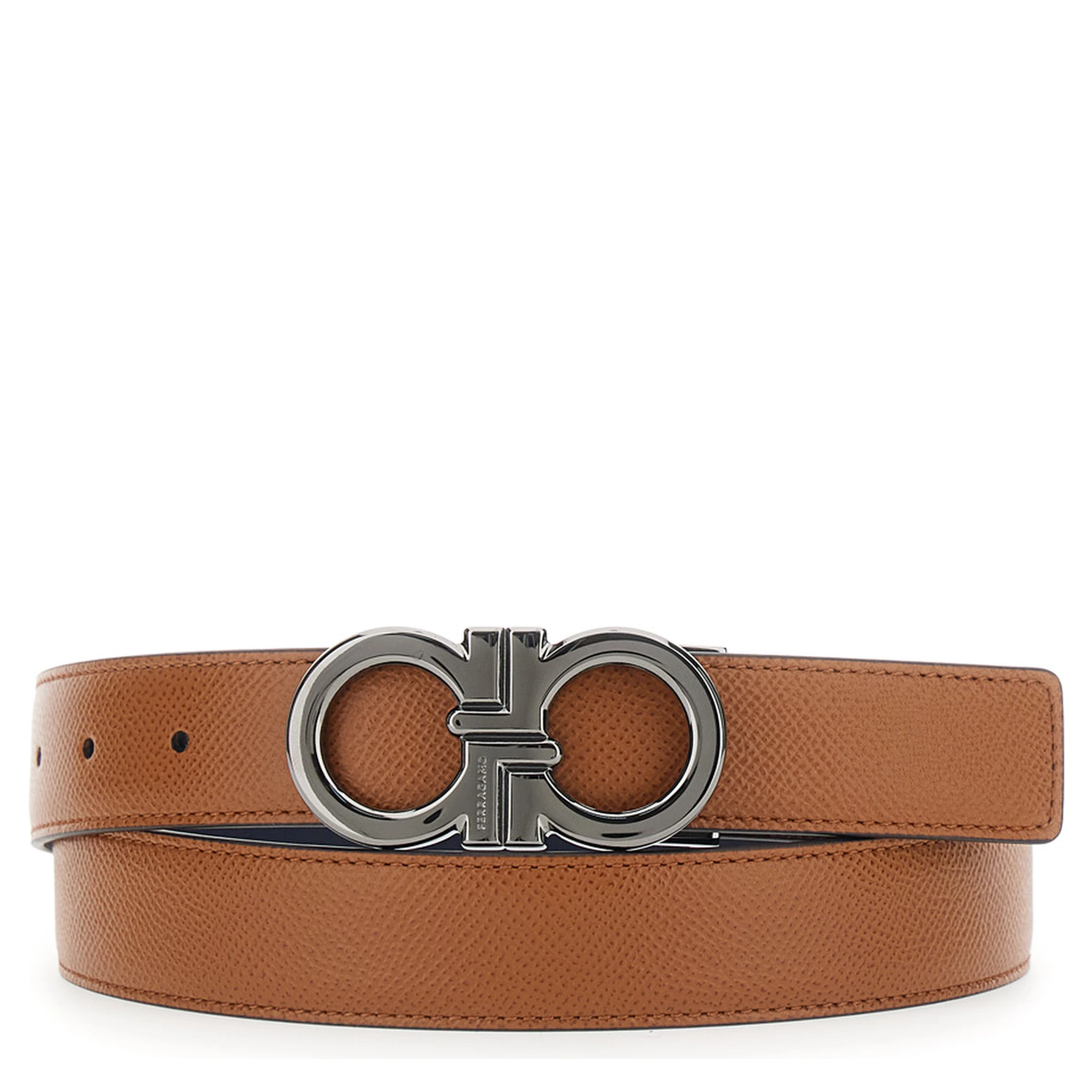 Beige Reversible Belt with Gancini Buckle in Hammered Leather Man