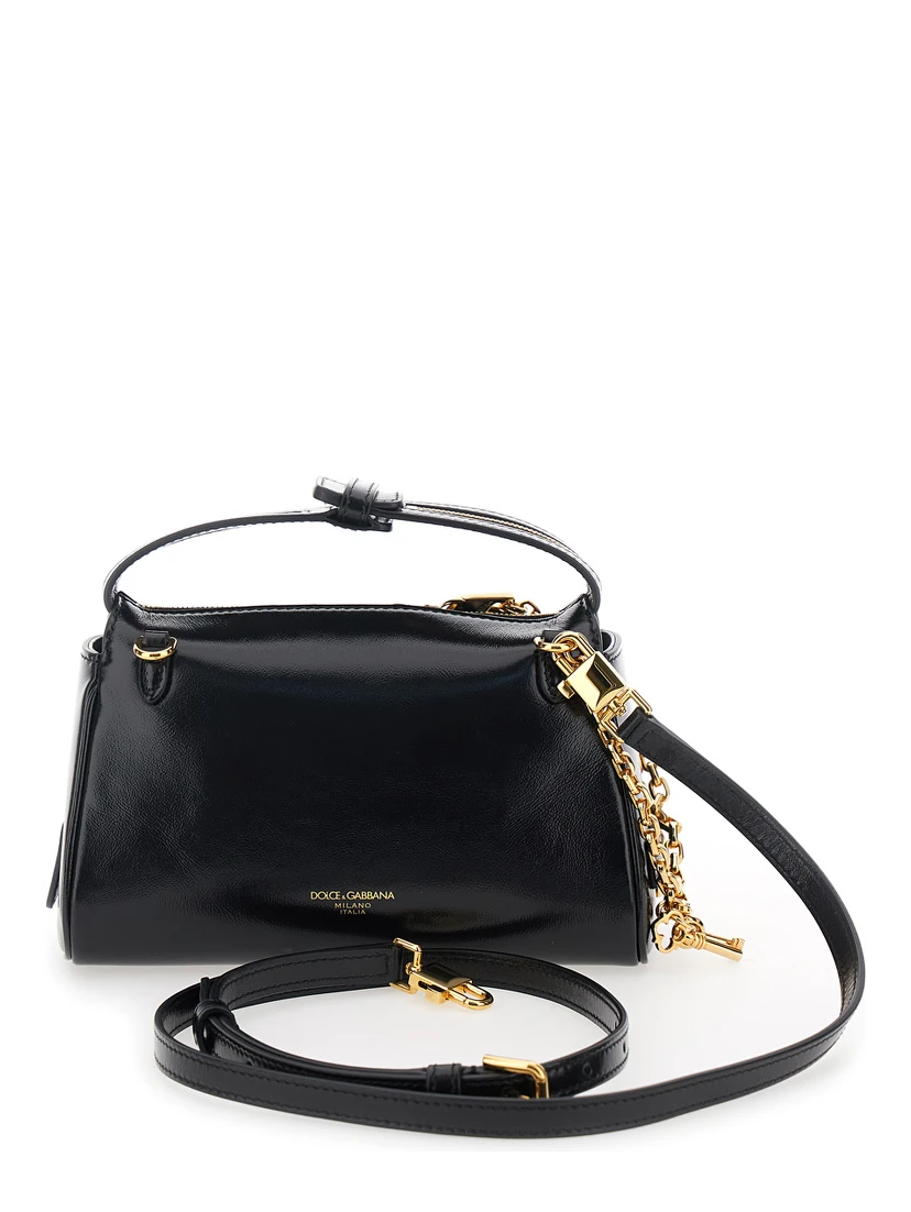 Vittoria Black Mini Handbag with Adjustable and Removable Shoulder Strap and Charm on the Front in Leather Woman