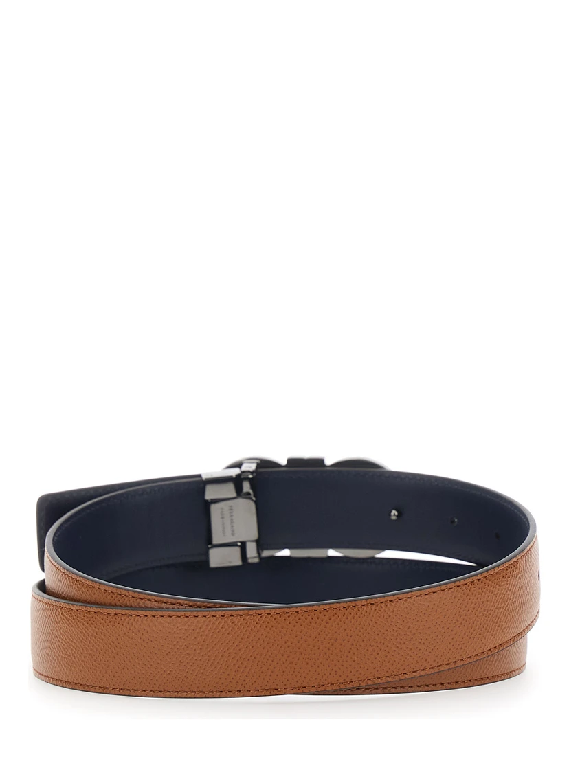 Beige Reversible Belt with Gancini Buckle in Hammered Leather Man