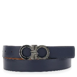 Beige Reversible Belt with Gancini Buckle in Hammered Leather Man