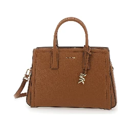 Brown Handbag with Metallic Lettering Logo and Pendant on the Front in Leather Woman