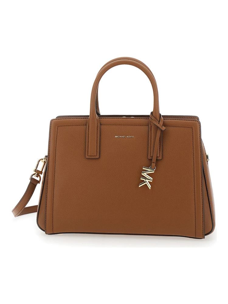 Brown Handbag with Metallic Lettering Logo and Pendant on the Front in Leather Woman