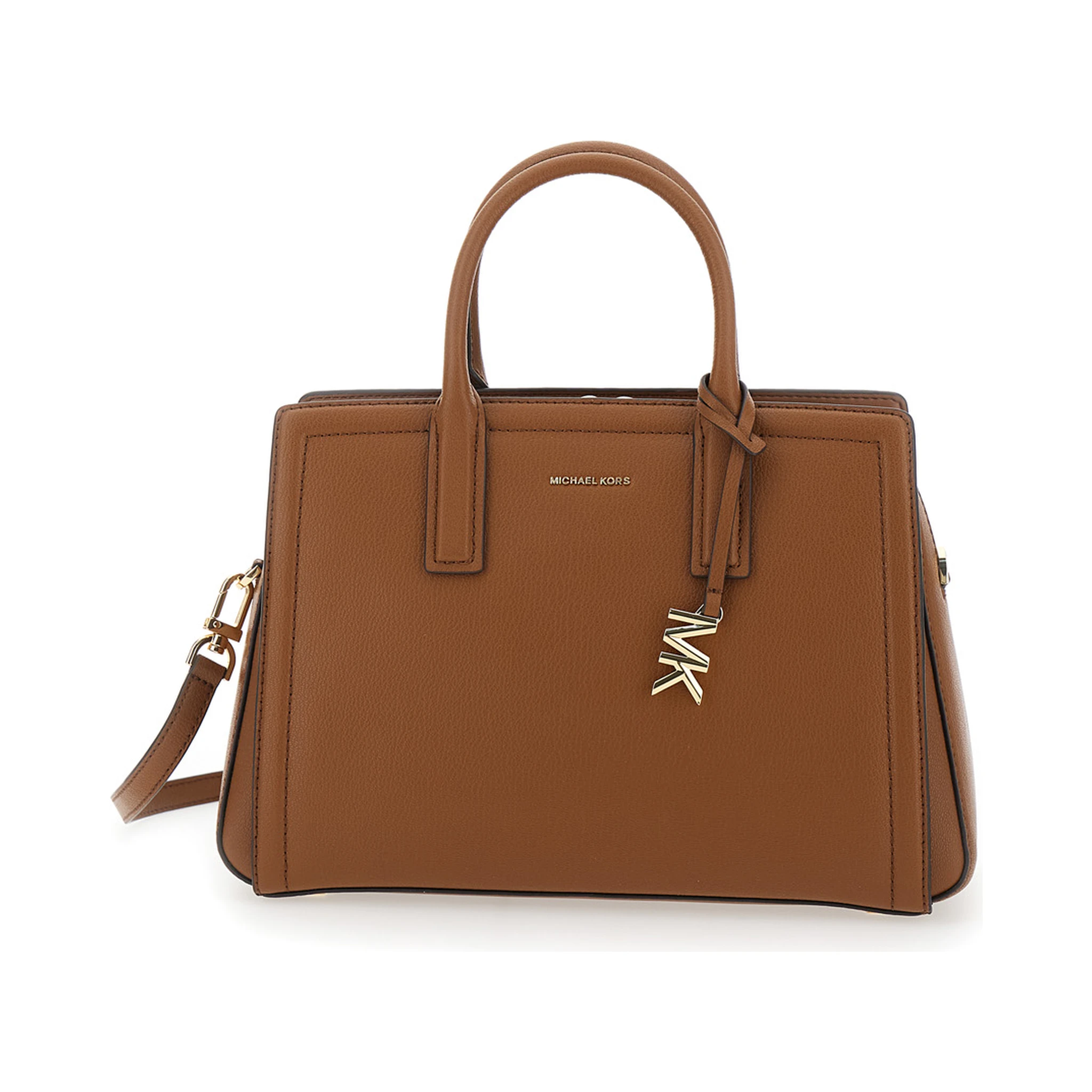 Brown Handbag with Metallic Lettering Logo and Pendant on the Front in Leather Woman