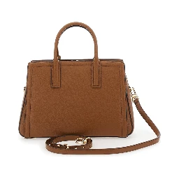 Brown Handbag with Metallic Lettering Logo and Pendant on the Front in Leather Woman
