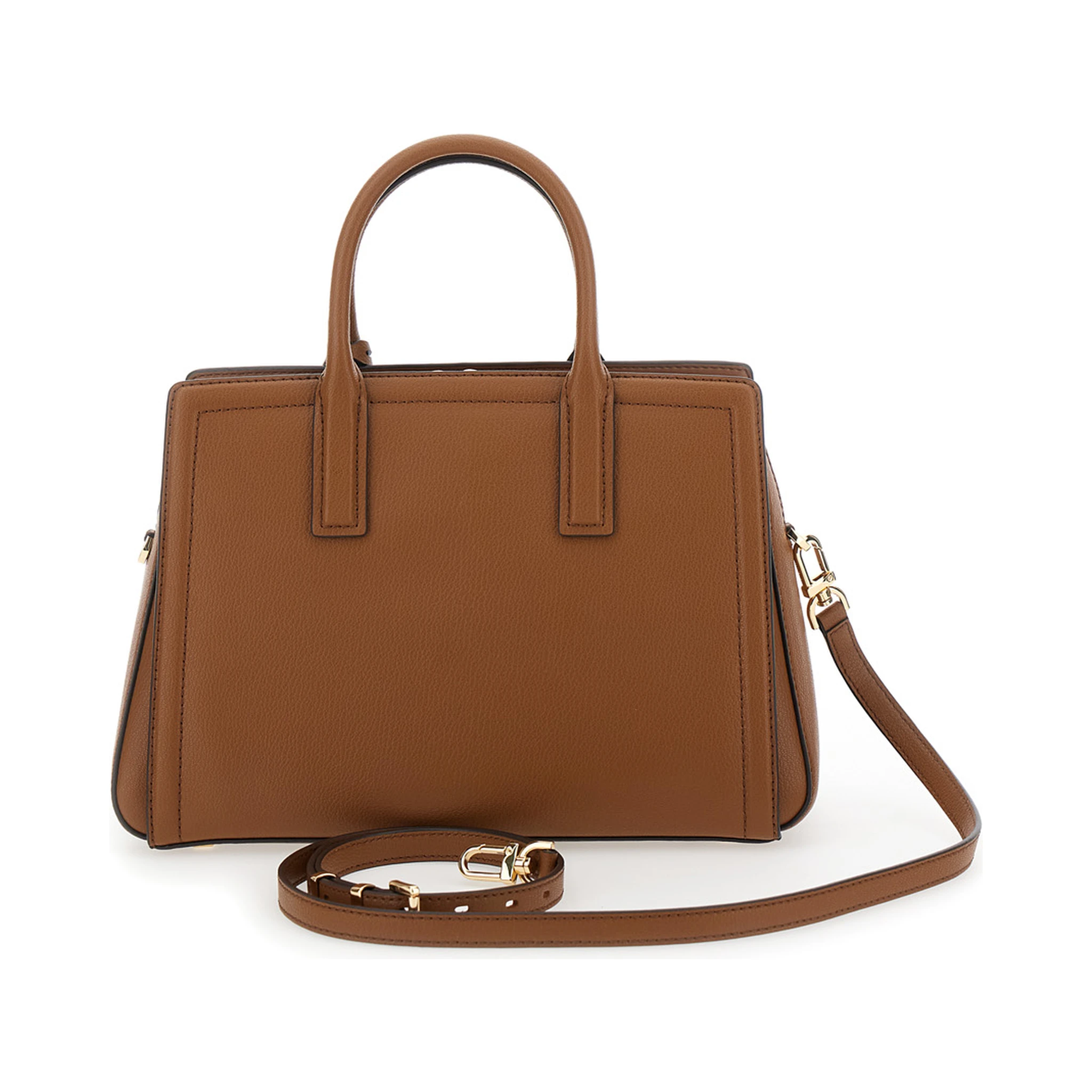 Brown Handbag with Metallic Lettering Logo and Pendant on the Front in Leather Woman