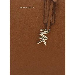 Brown Handbag with Metallic Lettering Logo and Pendant on the Front in Leather Woman