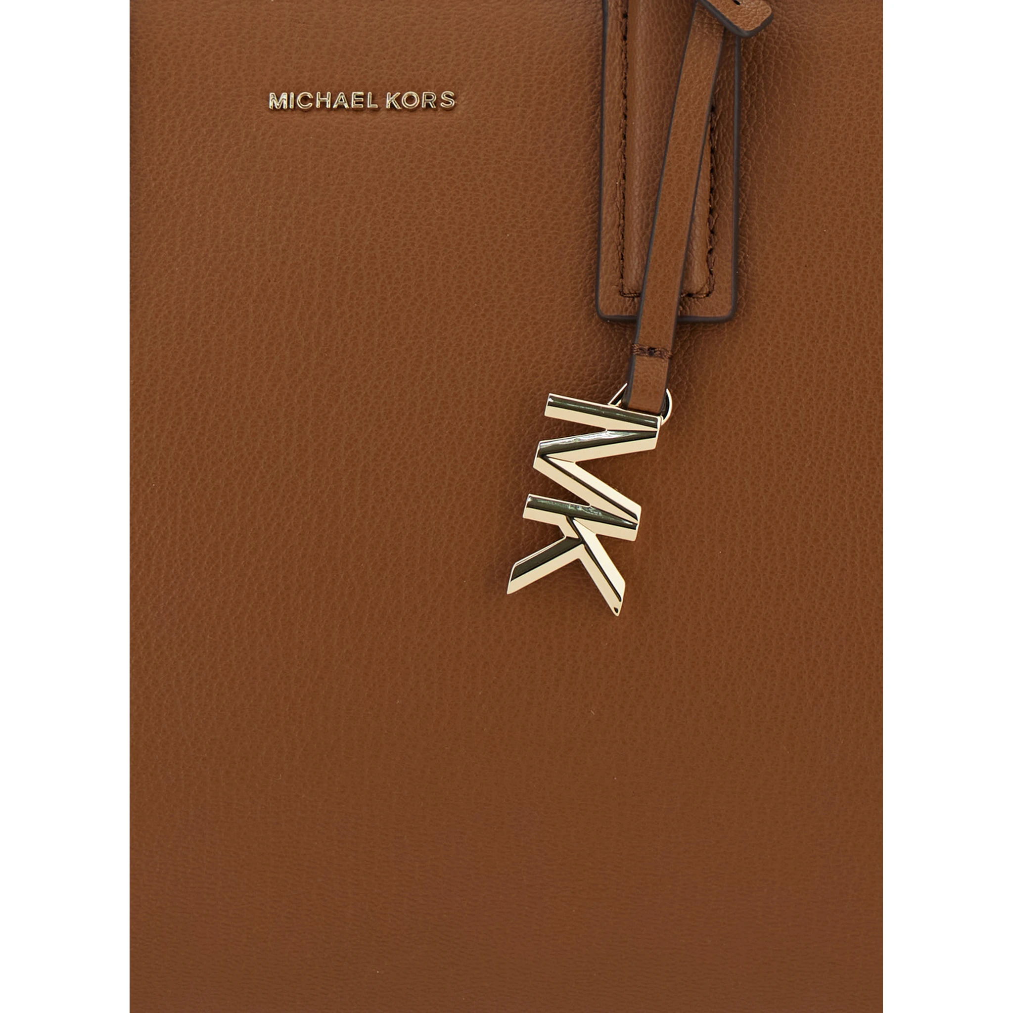 Brown Handbag with Metallic Lettering Logo and Pendant on the Front in Leather Woman