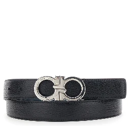 Black Reversible Belt with Gancini Buckle in Hammered Leather Man