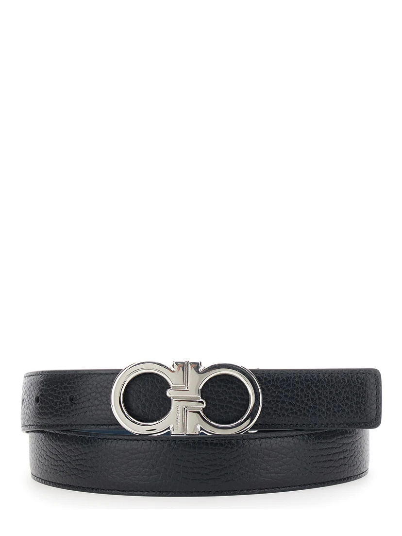 Black Reversible Belt with Gancini Buckle in Hammered Leather Man