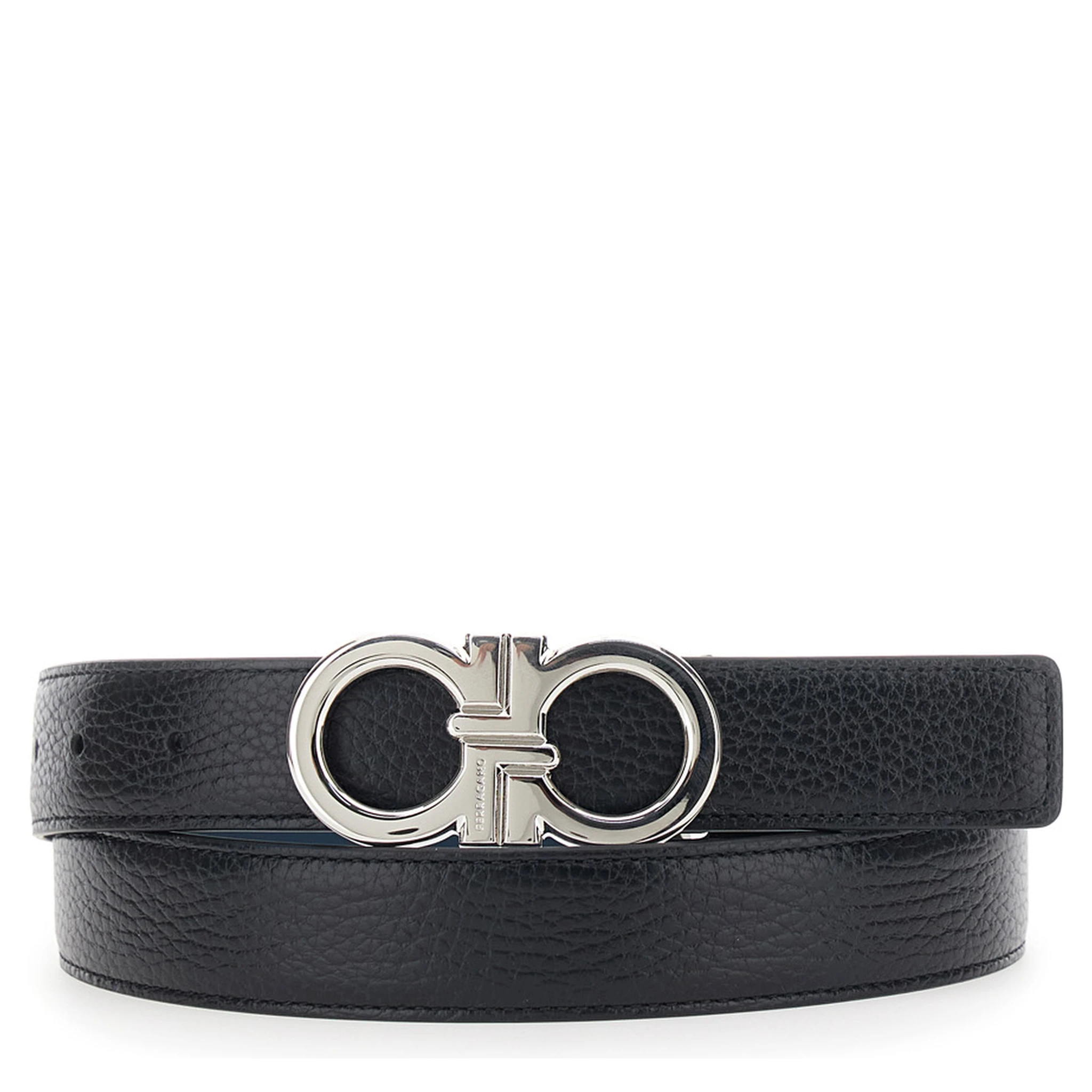 Black Reversible Belt with Gancini Buckle in Hammered Leather Man
