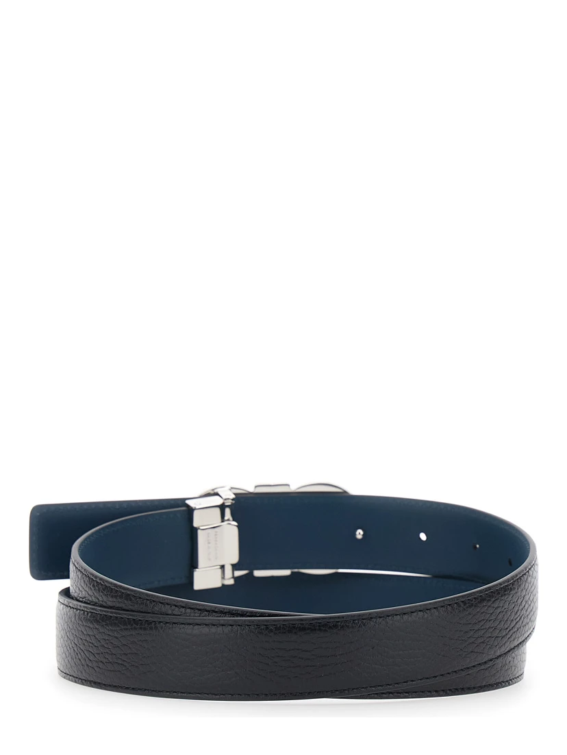Black Reversible Belt with Gancini Buckle in Hammered Leather Man