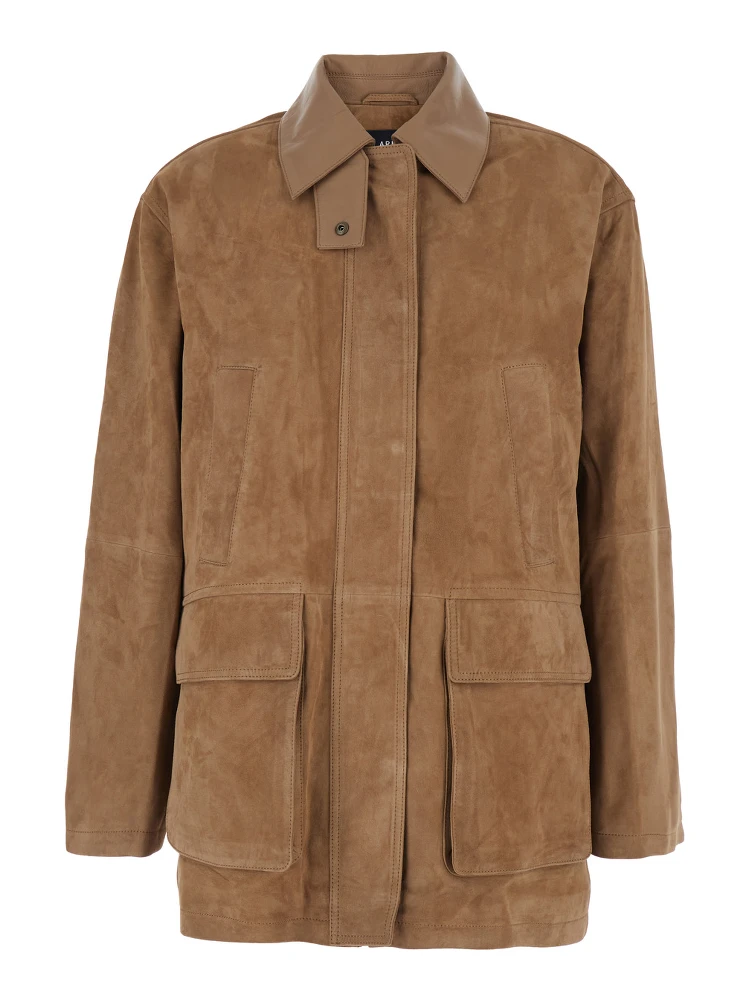 Kaylee Beige Jacket with Button-Up Collar and Front Patch Pockets in Suede Woman