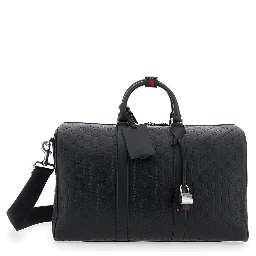 Emblem Black Suitcase with Adjustable and Removable Shoulder Strap and All-Over Embossed GG Motif in Leather Man