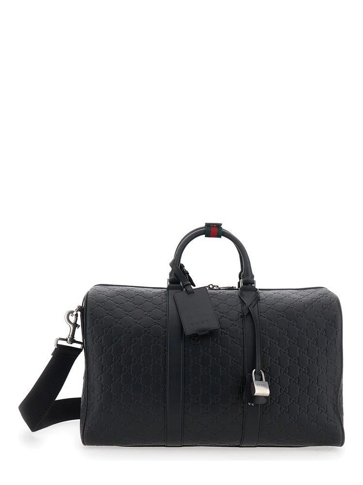 Emblem Black Suitcase with Adjustable and Removable Shoulder Strap and All-Over Embossed GG Motif in Leather Man