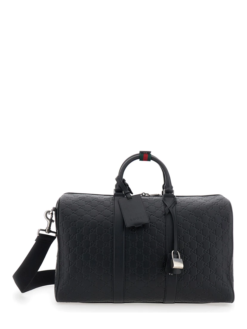 Emblem Black Suitcase with Adjustable and Removable Shoulder Strap and All-Over Embossed GG Motif in Leather Man