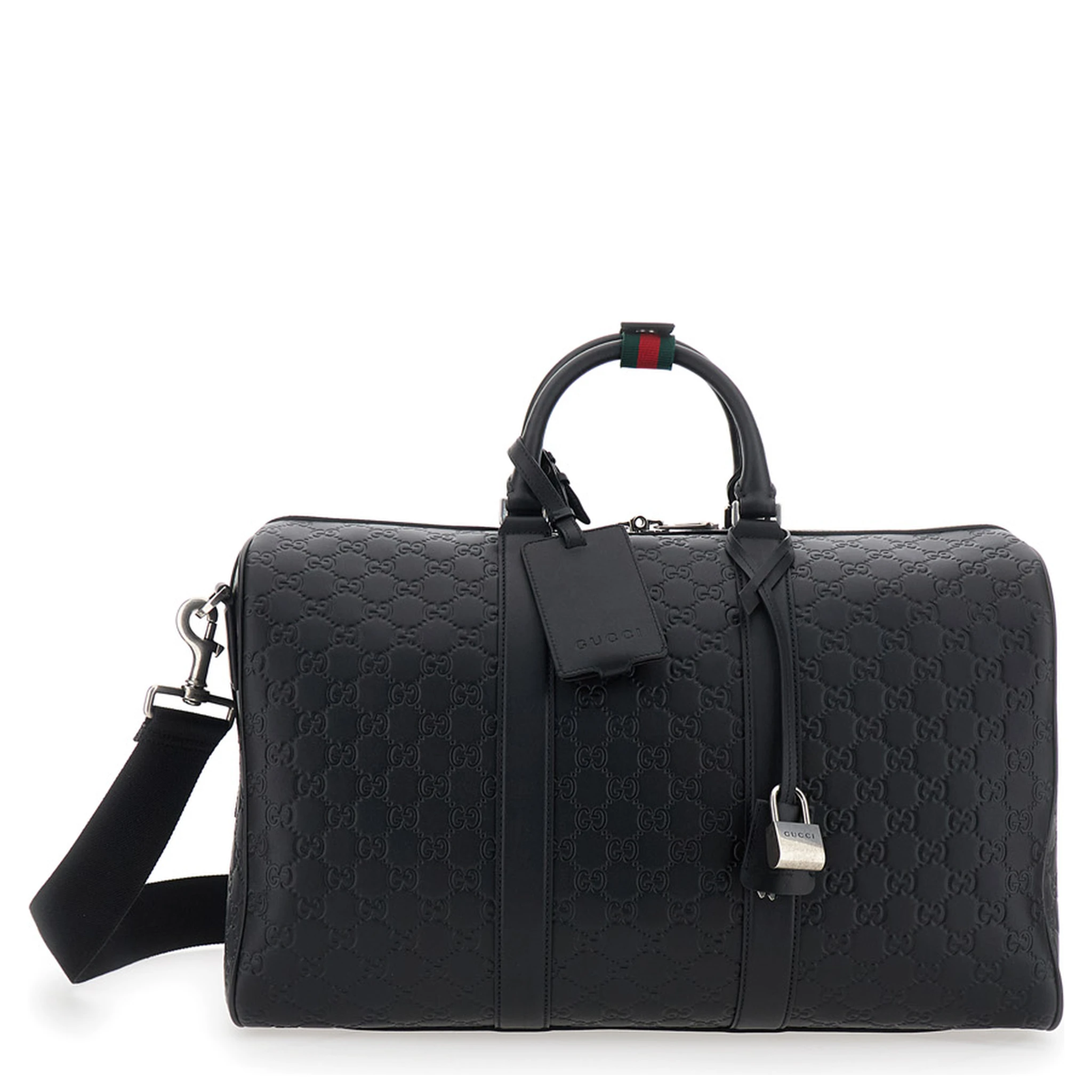 Emblem Black Suitcase with Adjustable and Removable Shoulder Strap and All-Over Embossed GG Motif in Leather Man
