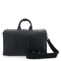 Emblem Black Suitcase with Adjustable and Removable Shoulder Strap and All-Over Embossed GG Motif in Leather Man