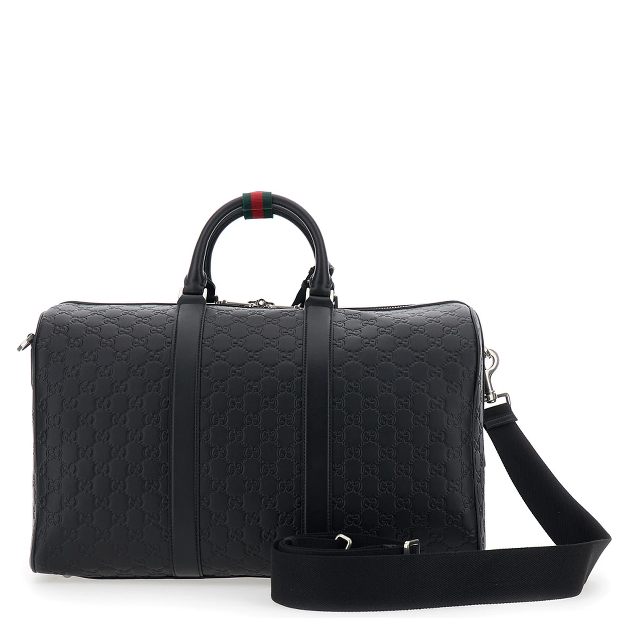 Emblem Black Suitcase with Adjustable and Removable Shoulder Strap and All-Over Embossed GG Motif in Leather Man