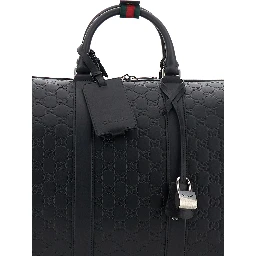 Emblem Black Suitcase with Adjustable and Removable Shoulder Strap and All-Over Embossed GG Motif in Leather Man