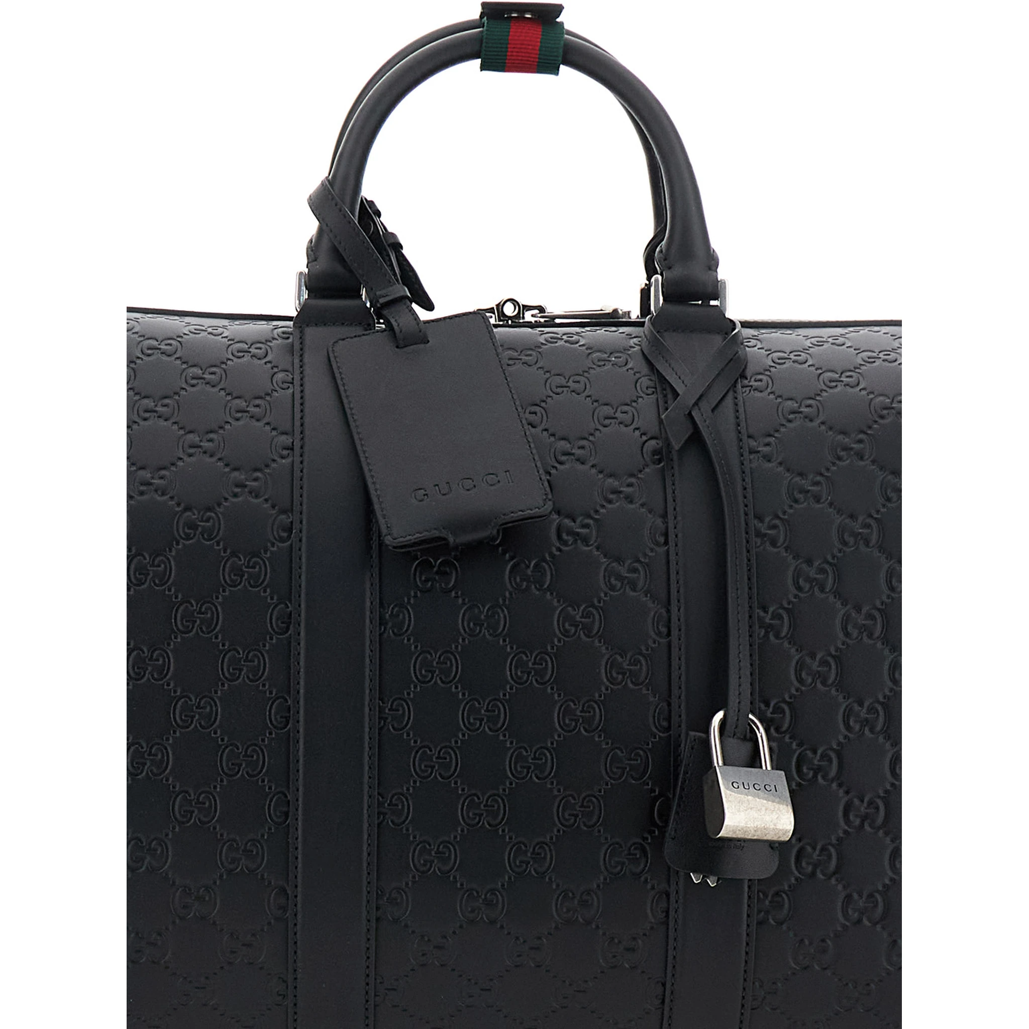 Emblem Black Suitcase with Adjustable and Removable Shoulder Strap and All-Over Embossed GG Motif in Leather Man