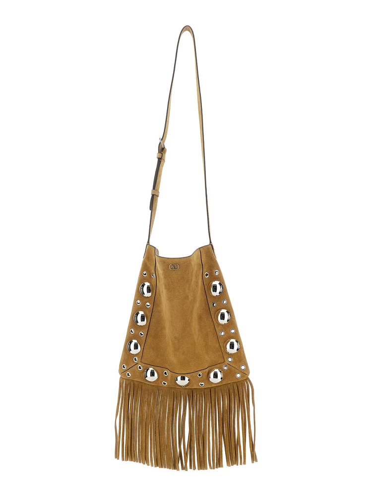 Nellcote Beige Shoulder Bag with Adjustable Shoulder Strap and Stud Embellishments in Suede Man