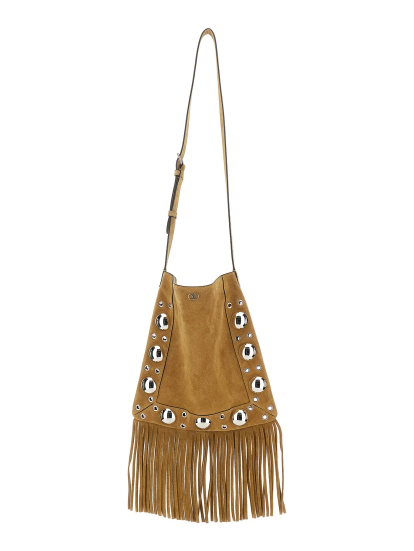 Nellcote Beige Shoulder Bag with Adjustable Shoulder Strap and Stud Embellishments in Suede Man