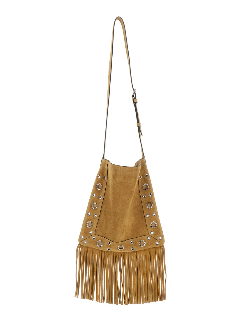 Nellcote Beige Shoulder Bag with Adjustable Shoulder Strap and Stud Embellishments in Suede Man