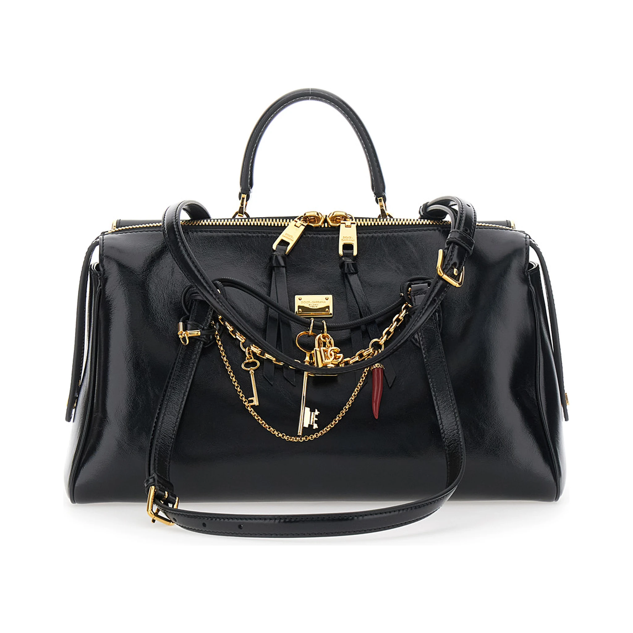 Vittoria Black Shoulder Bag with Chain Detail and Charms on the Front in Leather Woman