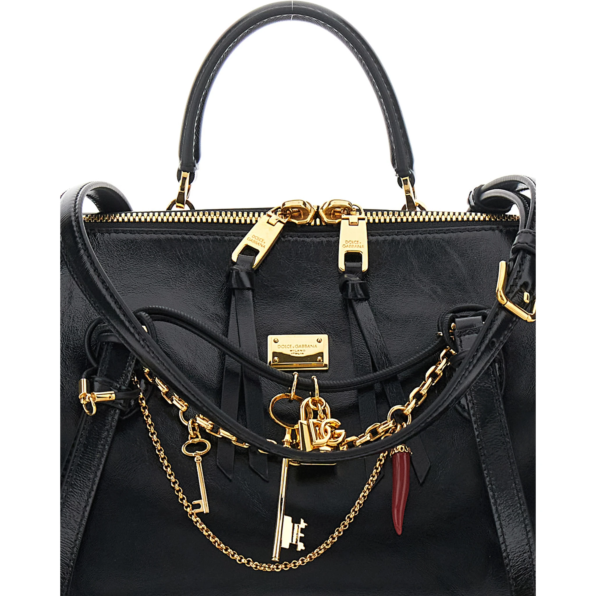 Vittoria Black Shoulder Bag with Chain Detail and Charms on the Front in Leather Woman