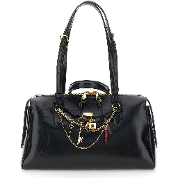 Vittoria Black Shoulder Bag with Chain Detail and Charms on the Front in Leather Woman